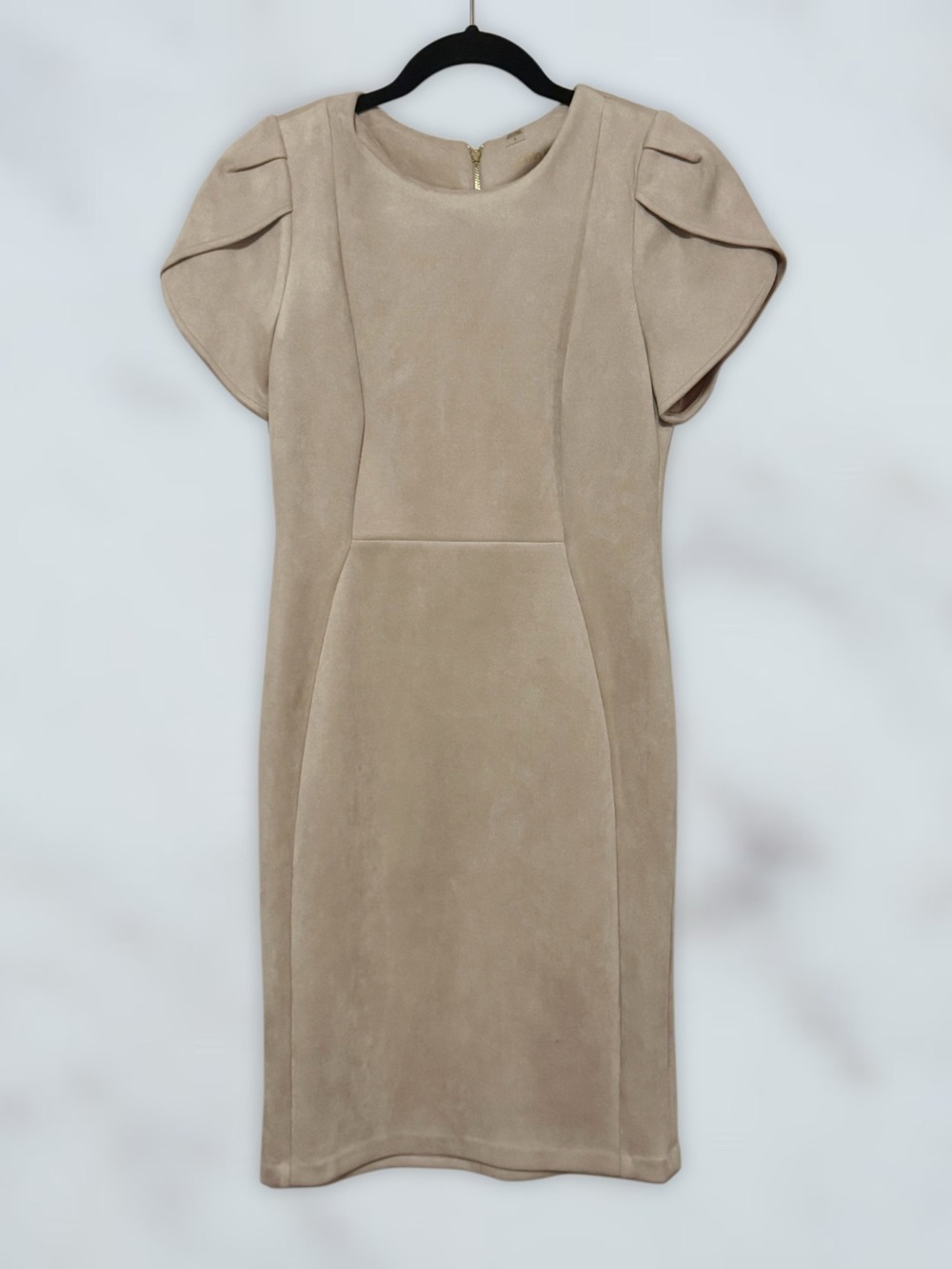 Calvin Klein Tan/Blush Faux Suede Tulip Sleeve Midi Sheath Dress